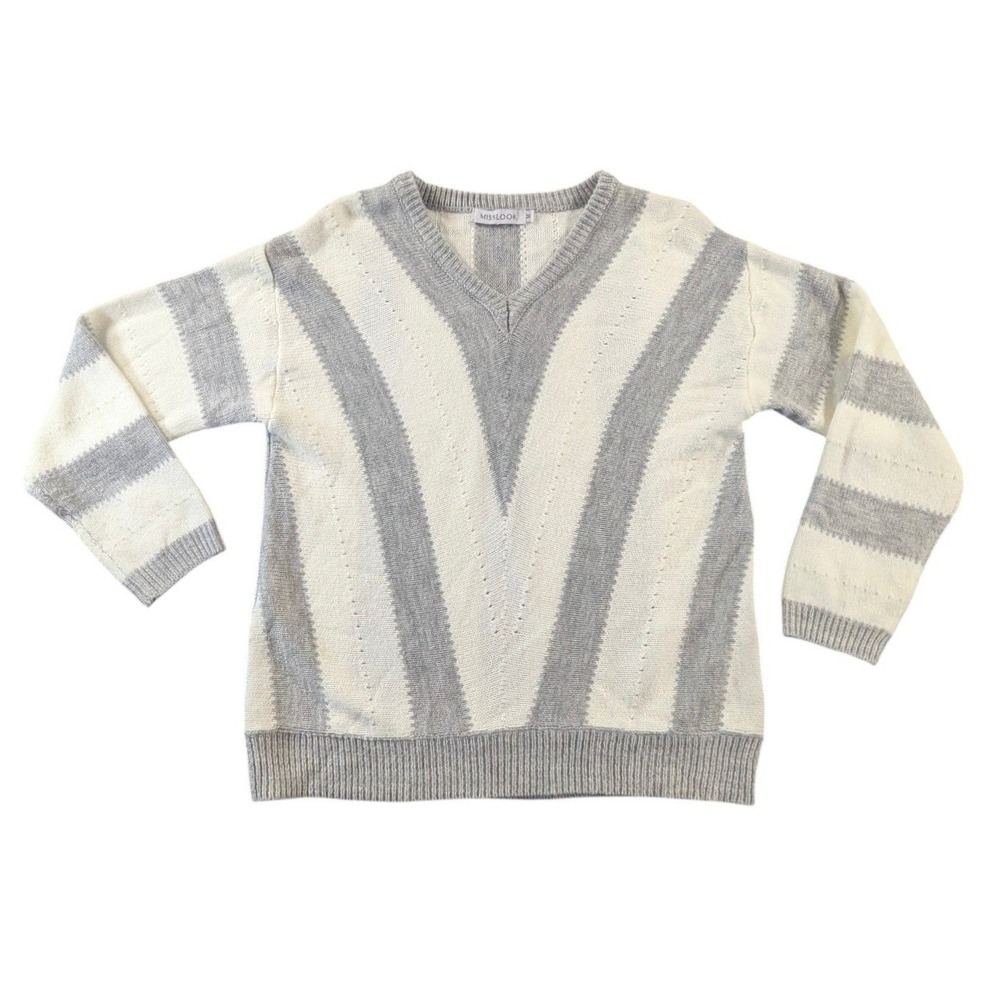 MissLook Grey Cream Striped V-Neck Sweater Medium Chevron Knit Coastal Minimal